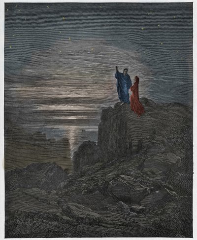 Inferno, Canto 34: The poets emerge from hell (illustration from The Divine Comedy) by Gustave after Dore